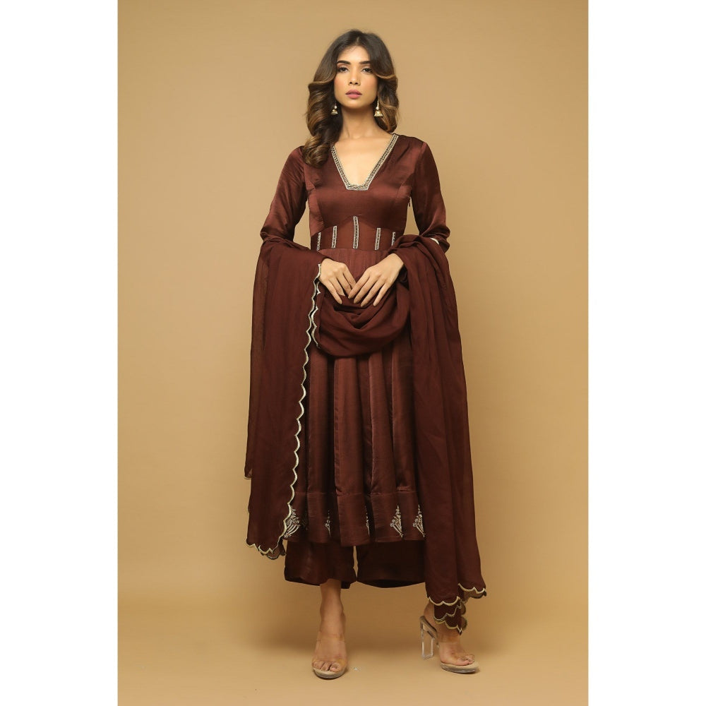 Ahi Clothing Brown Anarkali Satin Suit (Set of 3)