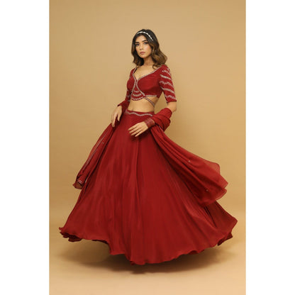 Ahi Clothing Maroon Lehenga (Set of 3)