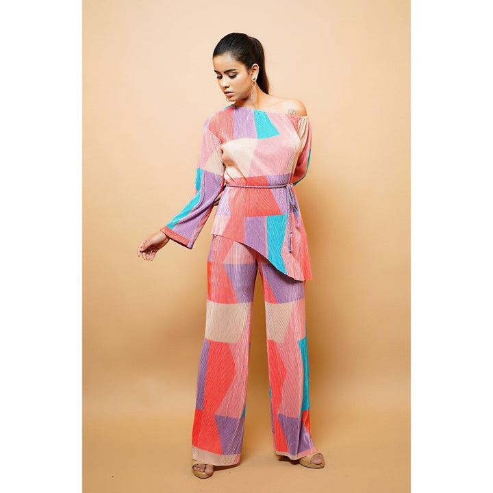 Ahi Clothing Multicolour Crushed Co-Ord with Belt (Set of 3)