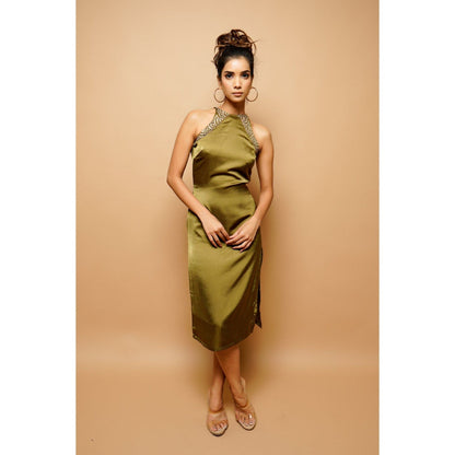Ahi Clothing Olive Green Halter Neck Sheath Dress