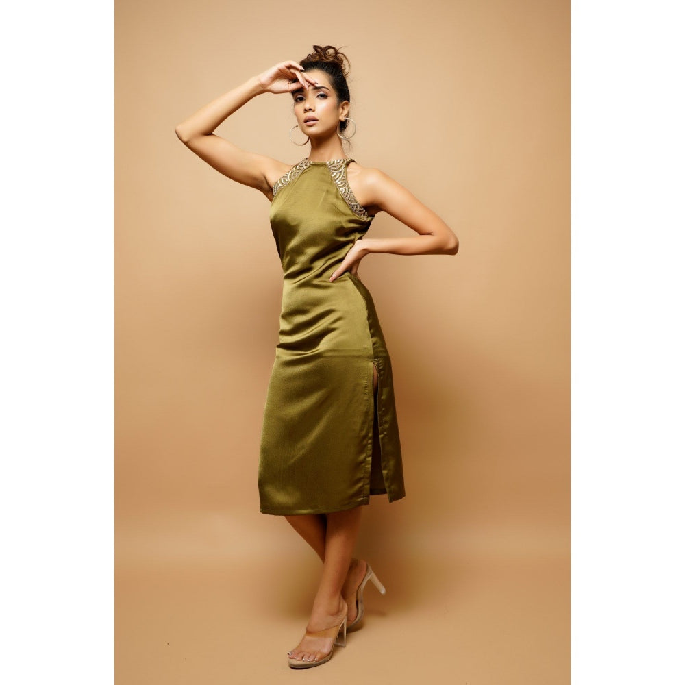 Ahi Clothing Olive Green Halter Neck Sheath Dress