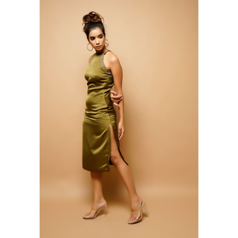Ahi Clothing Olive Green Halter Neck Sheath Dress