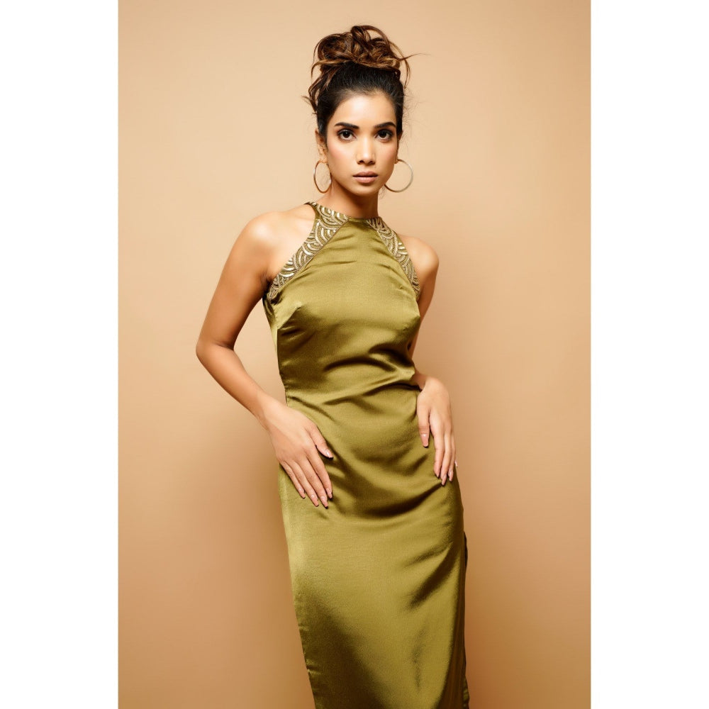 Ahi Clothing Olive Green Halter Neck Sheath Dress