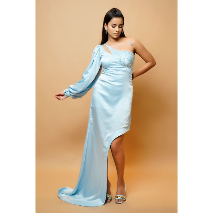 Ahi Clothing Baby Blue Sheath One-Shoulder Sleeve Tail Dress