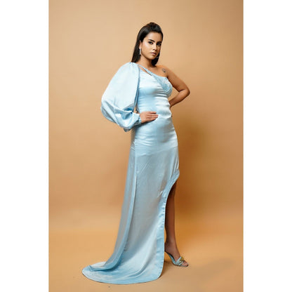 Ahi Clothing Baby Blue Sheath One-Shoulder Sleeve Tail Dress