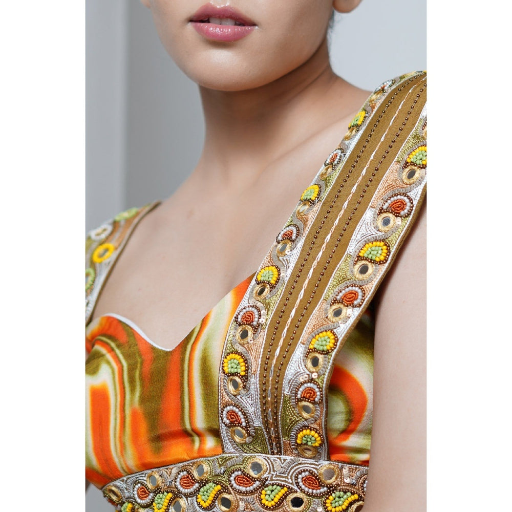 AHI Clothing Orange Multicolor Abstract Drape Skirt with Bustier (Set of 2)