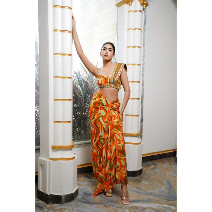 AHI Clothing Orange Multicolor Abstract Drape Skirt with Bustier (Set of 2)