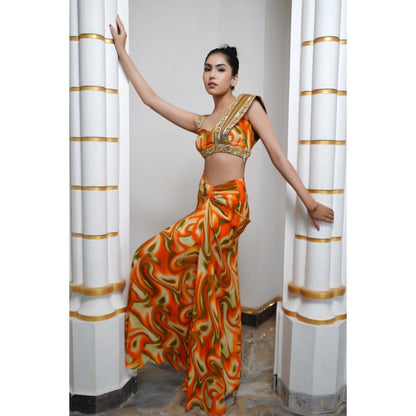 AHI Clothing Orange Multicolor Abstract Drape Skirt with Bustier (Set of 2)