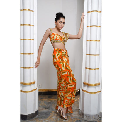 AHI Clothing Orange Multicolor Abstract Drape Skirt with Bustier (Set of 2)