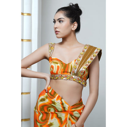 AHI Clothing Orange Multicolor Abstract Drape Skirt with Bustier (Set of 2)