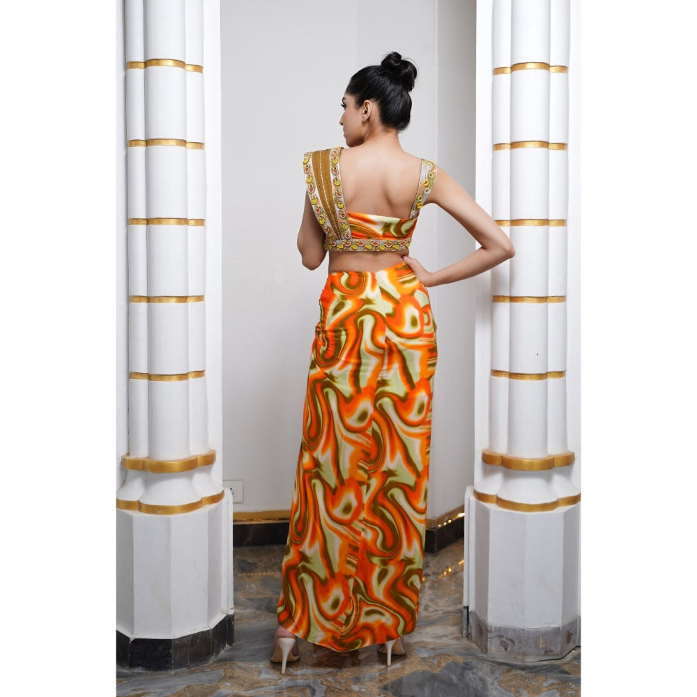 AHI Clothing Orange Multicolor Abstract Drape Skirt with Bustier (Set of 2)