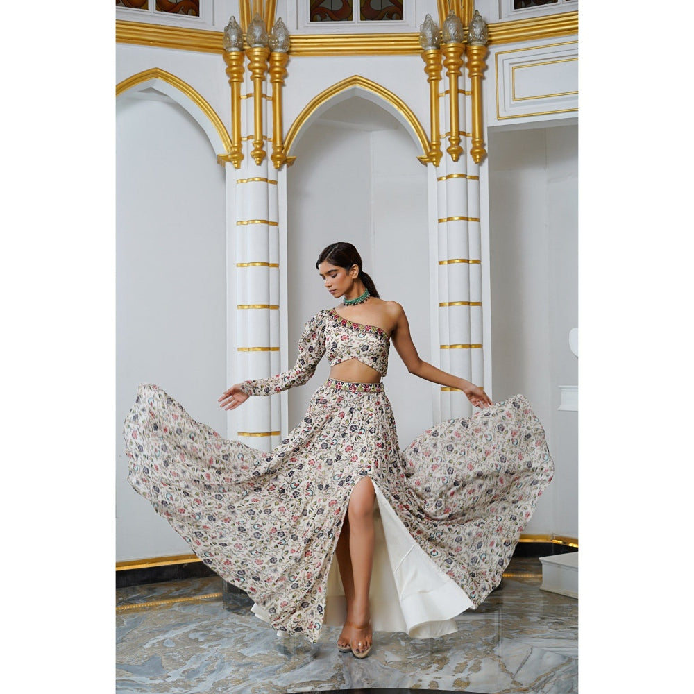 AHI Clothing Cream Floral One Shoulder Lehenga with Blouse (Set of 2)