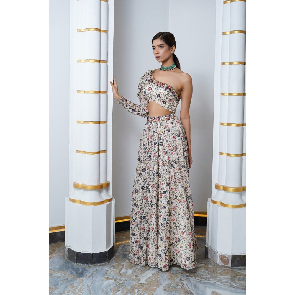 AHI Clothing Cream Floral One Shoulder Lehenga with Blouse (Set of 2)