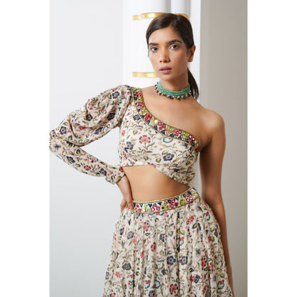 AHI Clothing Cream Floral One Shoulder Lehenga with Blouse (Set of 2)