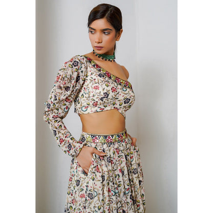 AHI Clothing Cream Floral One Shoulder Lehenga with Blouse (Set of 2)