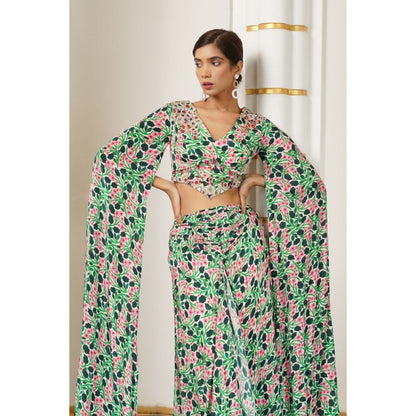AHI Clothing Green Pink Floral Cape Sleeve Indo Skirt with Top (Set of 2)
