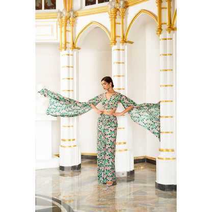 AHI Clothing Green Pink Floral Cape Sleeve Indo Skirt with Top (Set of 2)