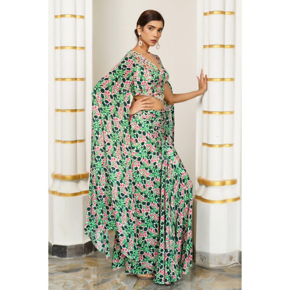 AHI Clothing Green Pink Floral Cape Sleeve Indo Skirt with Top (Set of 2)