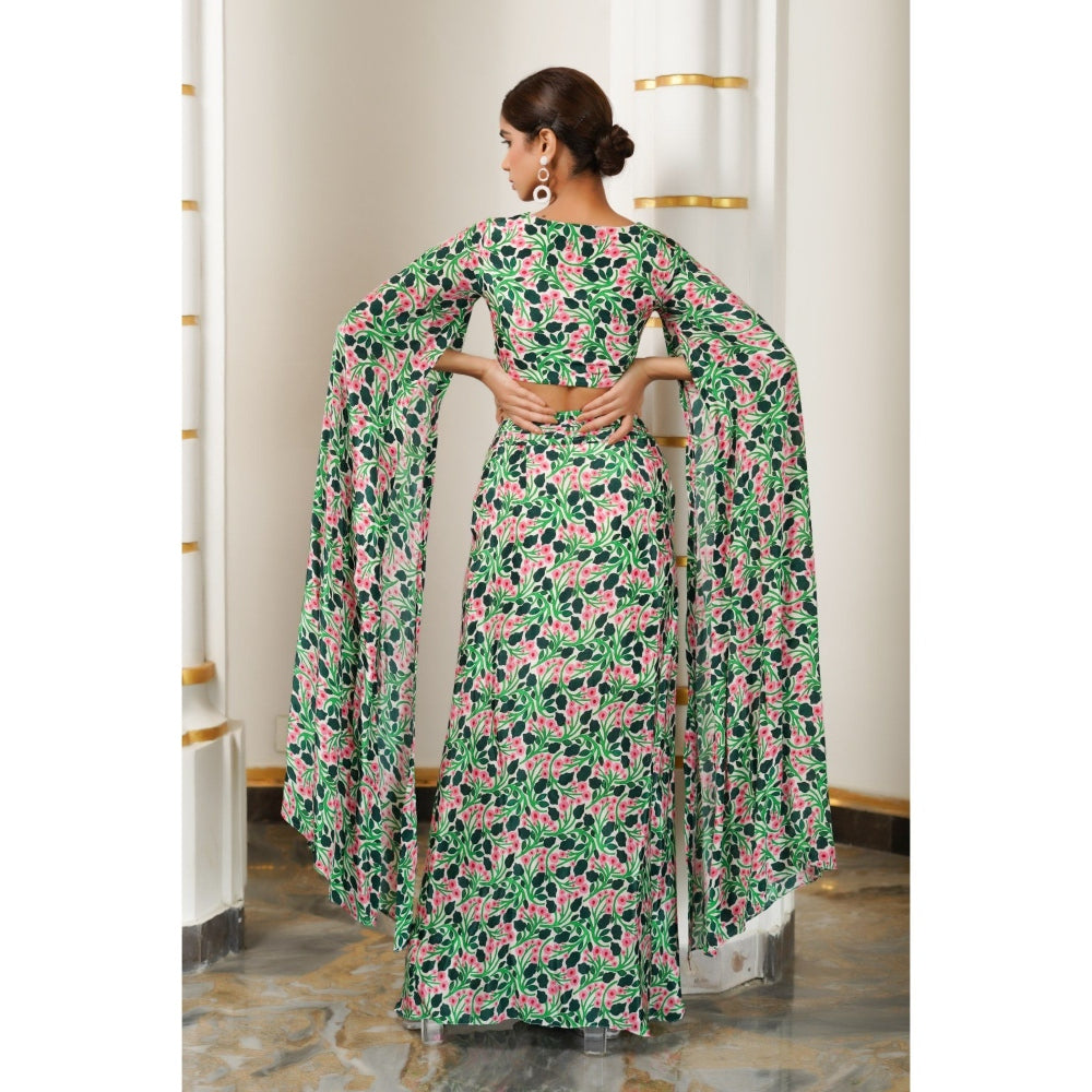 AHI Clothing Green Pink Floral Cape Sleeve Indo Skirt with Top (Set of 2)