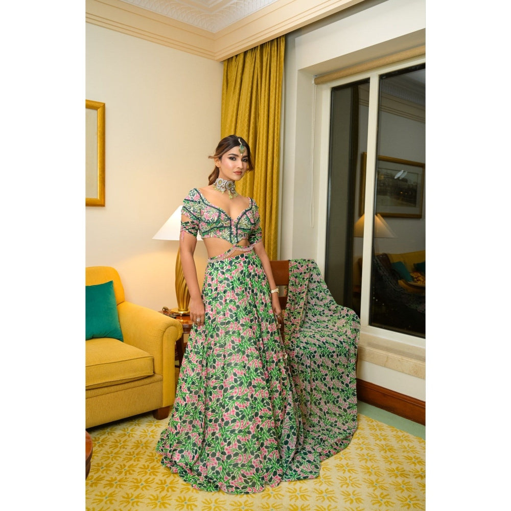 AHI Clothing Green Pink Floral Lehenga with Blouse and Dupatta (Set of 3)