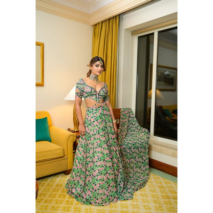 AHI Clothing Green Pink Floral Lehenga with Blouse and Dupatta (Set of 3)