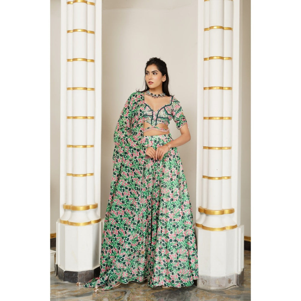 AHI Clothing Green Pink Floral Lehenga with Blouse and Dupatta (Set of 3)