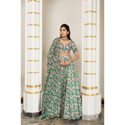 AHI Clothing Green Pink Floral Lehenga with Blouse and Dupatta (Set of 3)