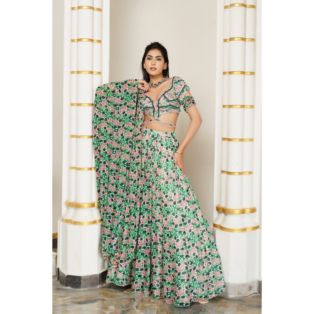AHI Clothing Green Pink Floral Lehenga with Blouse and Dupatta (Set of 3)