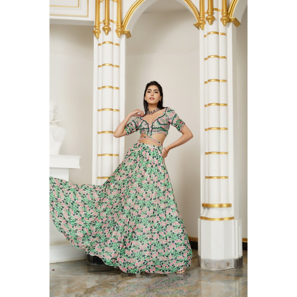 AHI Clothing Green Pink Floral Lehenga with Blouse and Dupatta (Set of 3)
