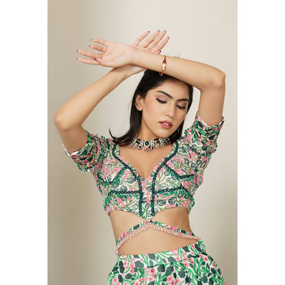 AHI Clothing Green Pink Floral Lehenga with Blouse and Dupatta (Set of 3)