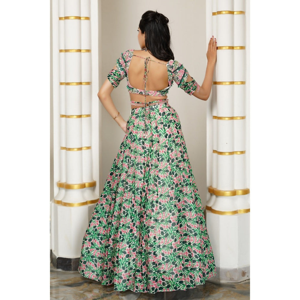 AHI Clothing Green Pink Floral Lehenga with Blouse and Dupatta (Set of 3)