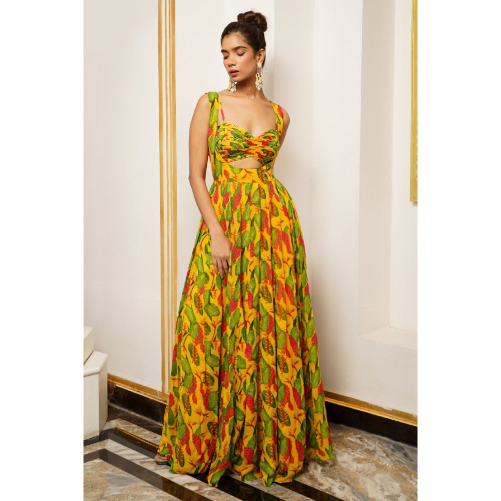 AHI Clothing Multicolor Ginger Flower Long Indo Lehenga with Bustier (Set of 2)
