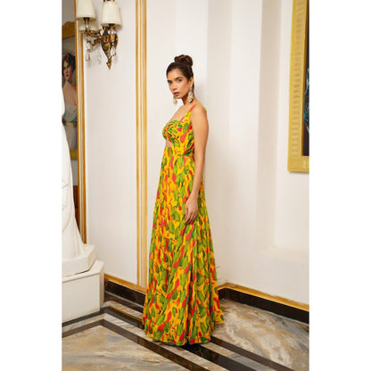 AHI Clothing Multicolor Ginger Flower Long Indo Lehenga with Bustier (Set of 2)