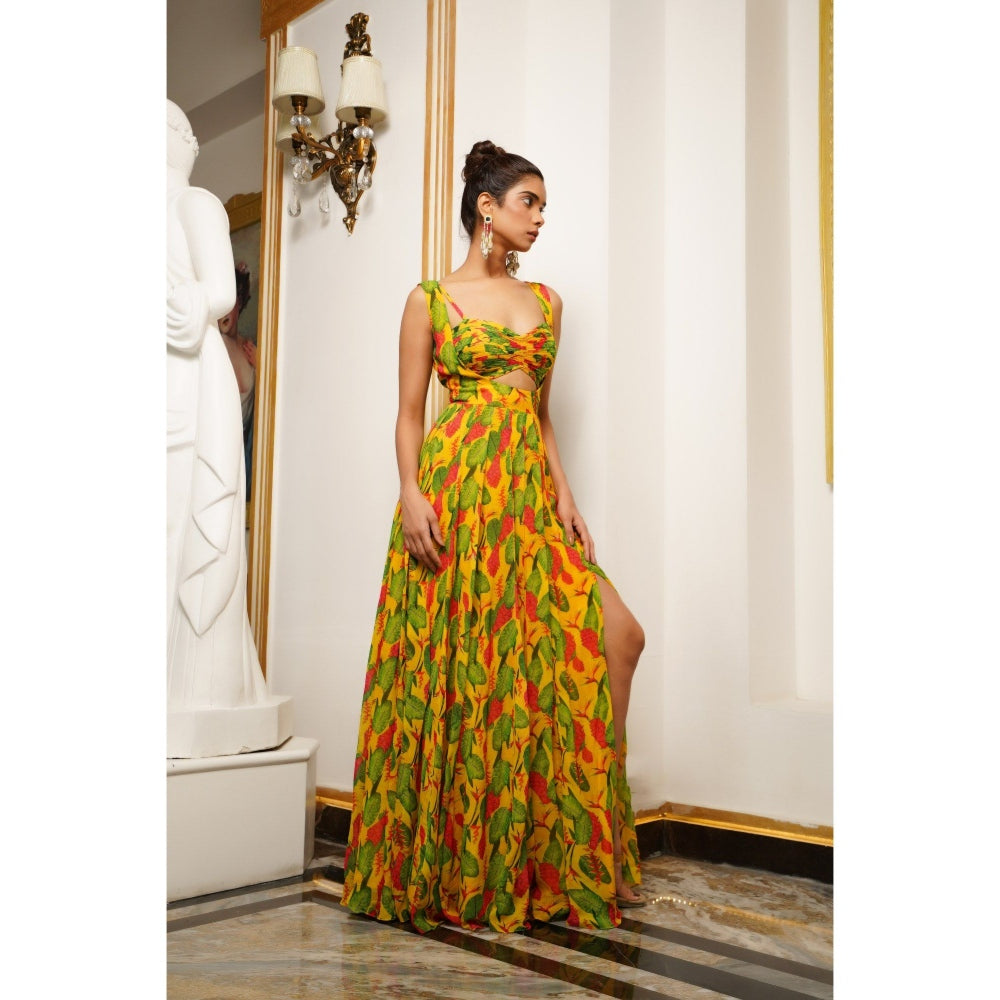 AHI Clothing Multicolor Ginger Flower Long Indo Lehenga with Bustier (Set of 2)