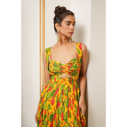 AHI Clothing Multicolor Ginger Flower Long Indo Lehenga with Bustier (Set of 2)