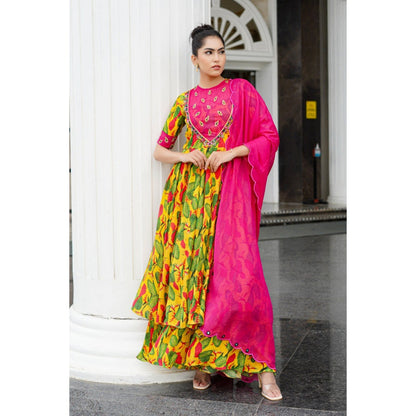 AHI Clothing Multicolor Ginger Flower Yoke Anarkali with Bustier Pant and Dupatta (Set of 4)