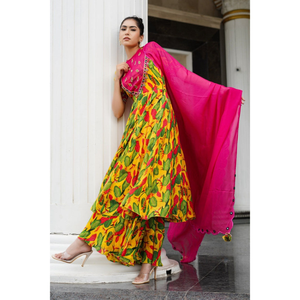 AHI Clothing Multicolor Ginger Flower Yoke Anarkali with Bustier Pant and Dupatta (Set of 4)