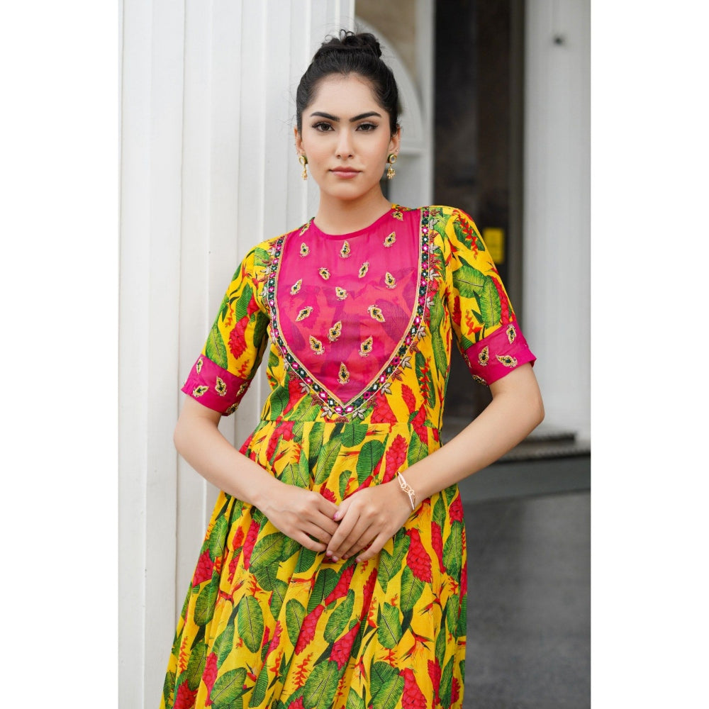 AHI Clothing Multicolor Ginger Flower Yoke Anarkali with Bustier Pant and Dupatta (Set of 4)