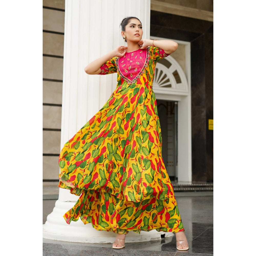 AHI Clothing Multicolor Ginger Flower Yoke Anarkali with Bustier Pant and Dupatta (Set of 4)