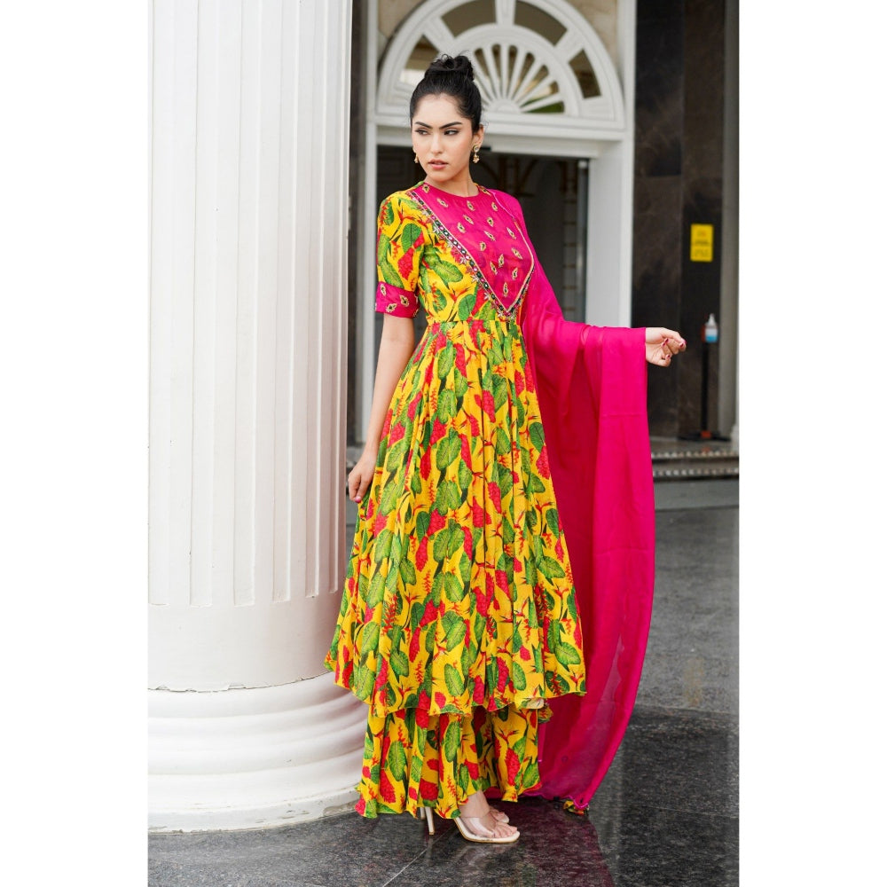 AHI Clothing Multicolor Ginger Flower Yoke Anarkali with Bustier Pant and Dupatta (Set of 4)