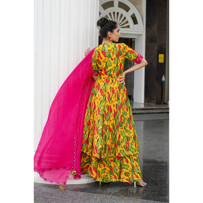 AHI Clothing Multicolor Ginger Flower Yoke Anarkali with Bustier Pant and Dupatta (Set of 4)