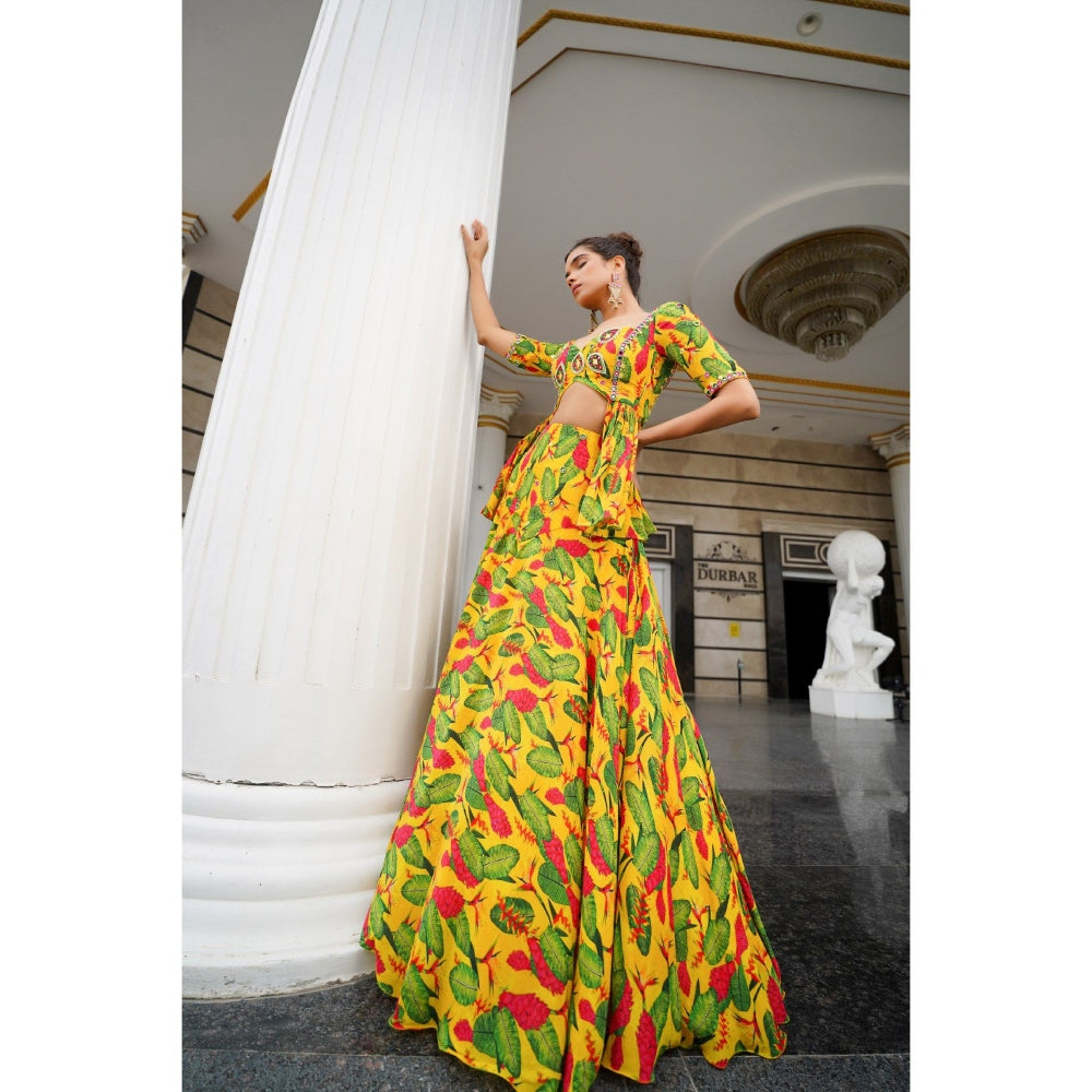 AHI Clothing Multicolor Ginger Flower Peplum Top with Lehenga (Set of 2)