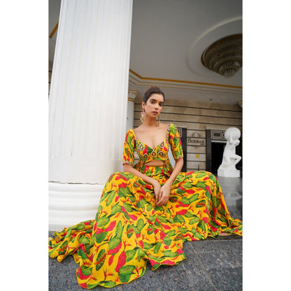 AHI Clothing Multicolor Ginger Flower Peplum Top with Lehenga (Set of 2)