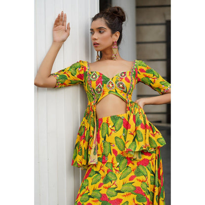 AHI Clothing Multicolor Ginger Flower Peplum Top with Lehenga (Set of 2)