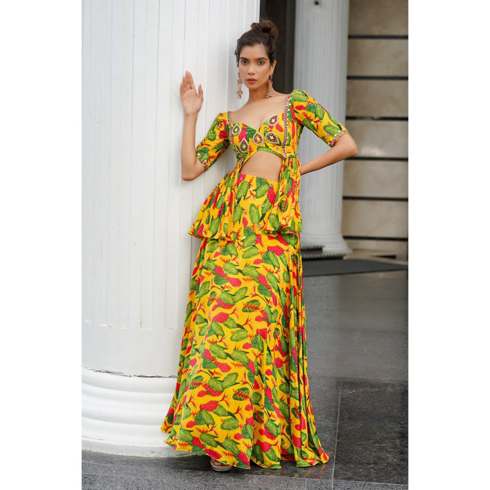 AHI Clothing Multicolor Ginger Flower Peplum Top with Lehenga (Set of 2)