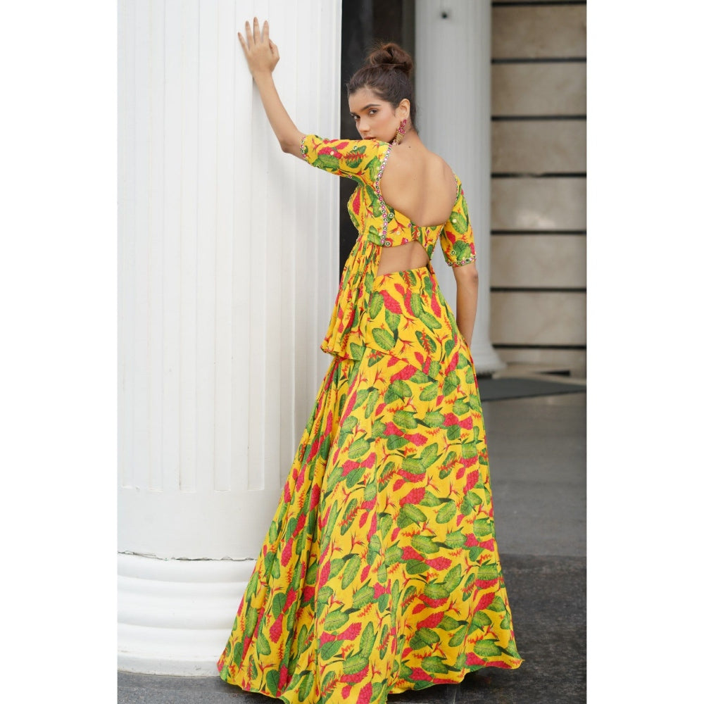 AHI Clothing Multicolor Ginger Flower Peplum Top with Lehenga (Set of 2)