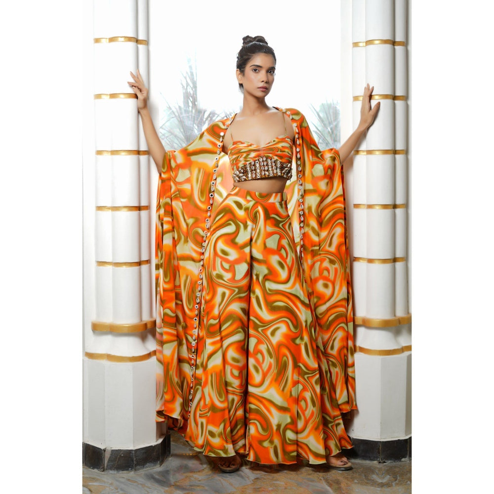 AHI Clothing Multicolor Abstract Wave Top with Palazzo and Shrug (Set of 3)