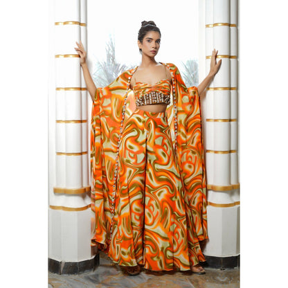AHI Clothing Multicolor Abstract Wave Top with Palazzo and Shrug (Set of 3)