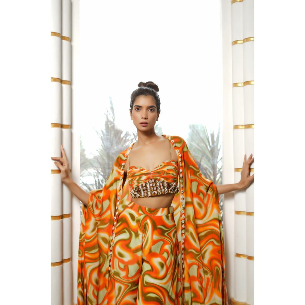 AHI Clothing Multicolor Abstract Wave Top with Palazzo and Shrug (Set of 3)