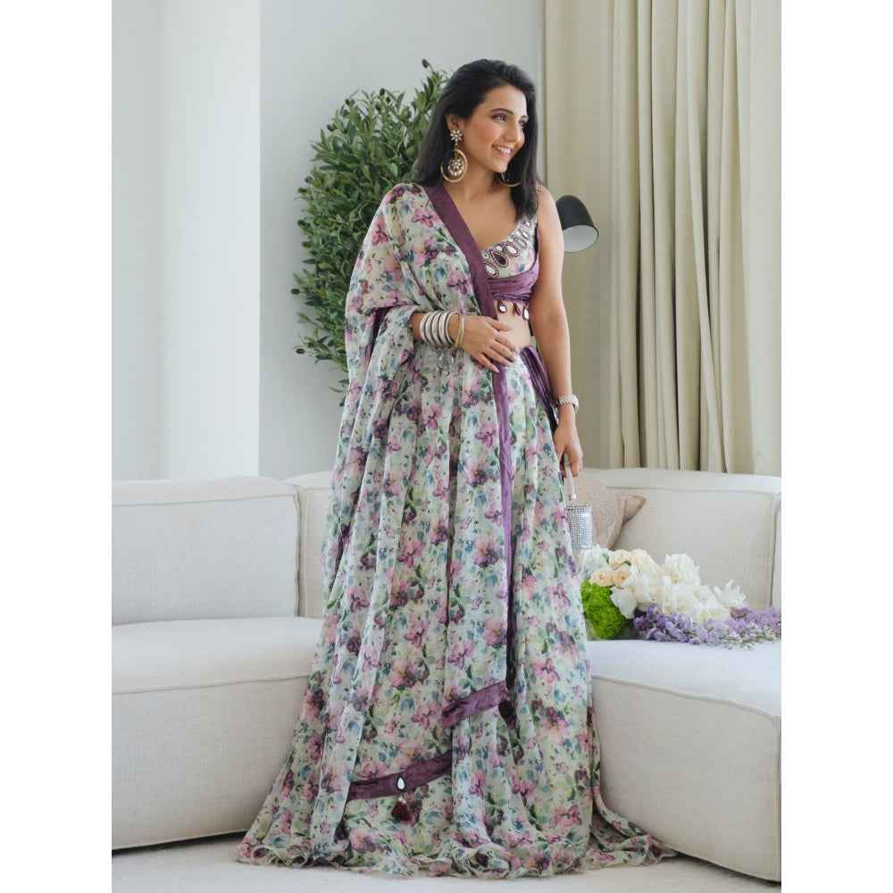 AHI Clothing Multicolor African Floral Lehenga with Bustier and Dupatta (Set of 3)